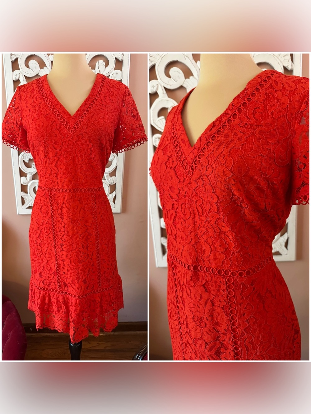 Karl Lagerfeld Paris red orange cotton lace sheath dress office career 6 M
